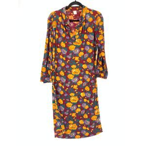 Vintage Floral Shift Dress Boho Burgundy Yellow Long Sleeve Button Front Sz M